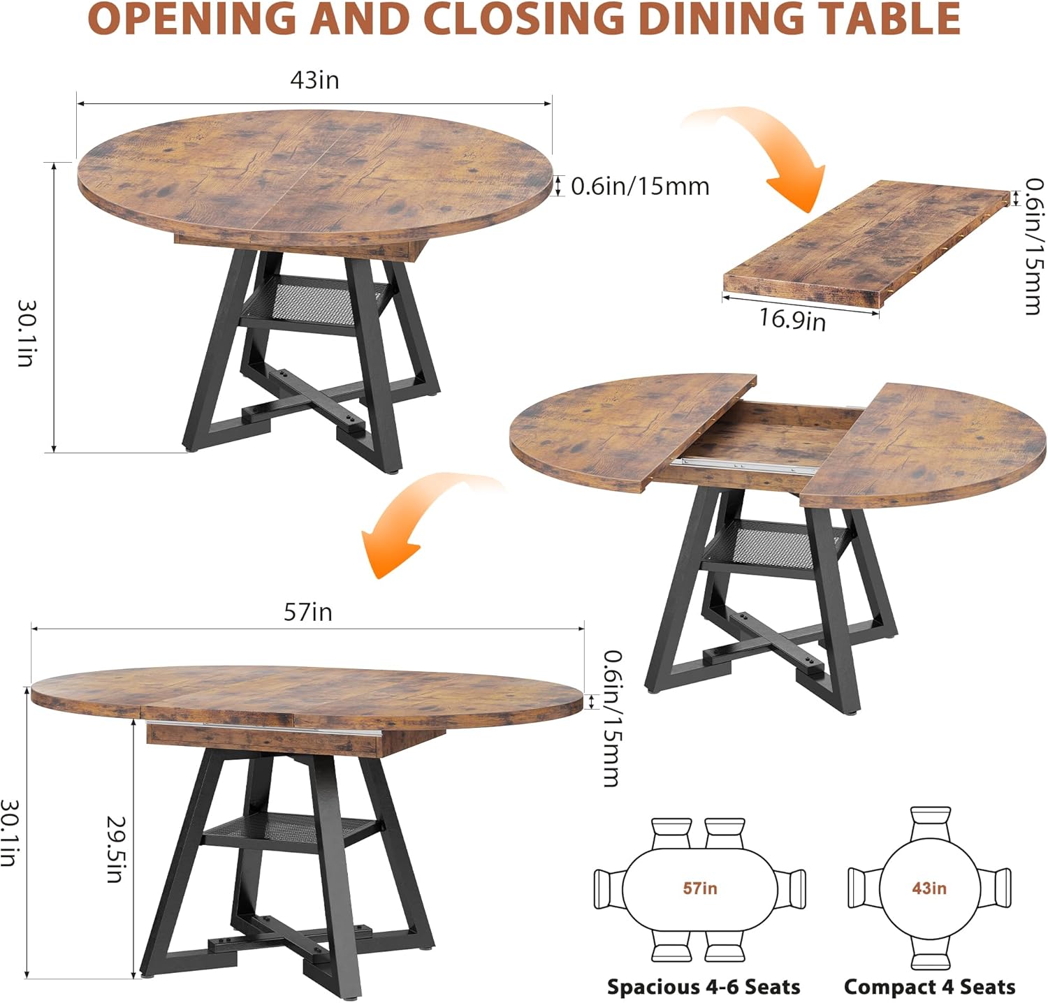 43‘’-57‘’ Extendable Round Dining Table for 4-6, Modern Industrial Kitchen Oval Dining Table with Removable Leaves, Space Saving Pedestal Base with Storage Shelf for Kitchen Living Room (Rustic)