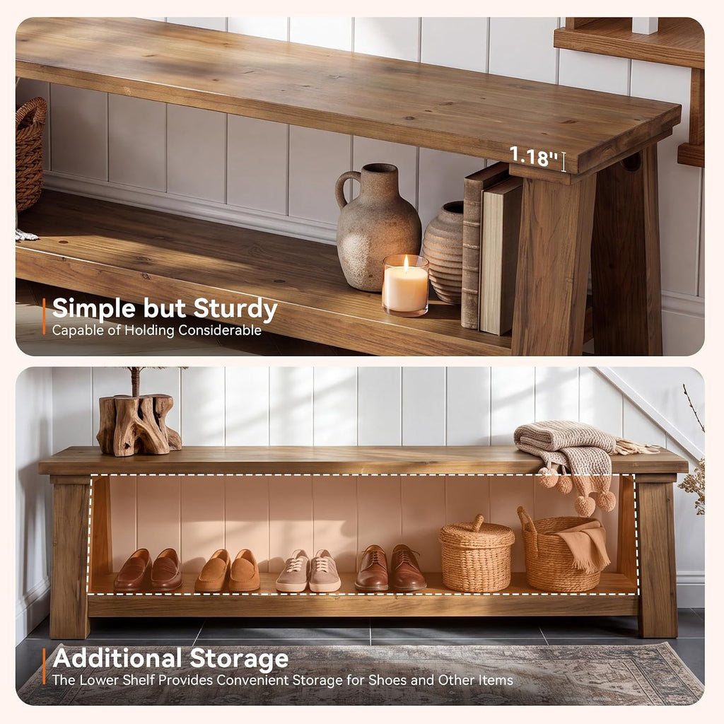 70.87" Long Solid Wood Dining Bench | Farmhouse Kitchen Bench with Storage Shelf for Dining Room, Kitchen, Entryway, Bedroom, Easy to Assemble
