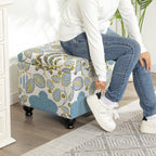 Adeco Colorful Storage Ottoman with Storage, 21" Linen Fabric Ottoman Foot Rest Stool with Hinged Lid with Blue Leaf Pattern, 360 LB Load Capacity, Living Room, Bedroom, Entryway