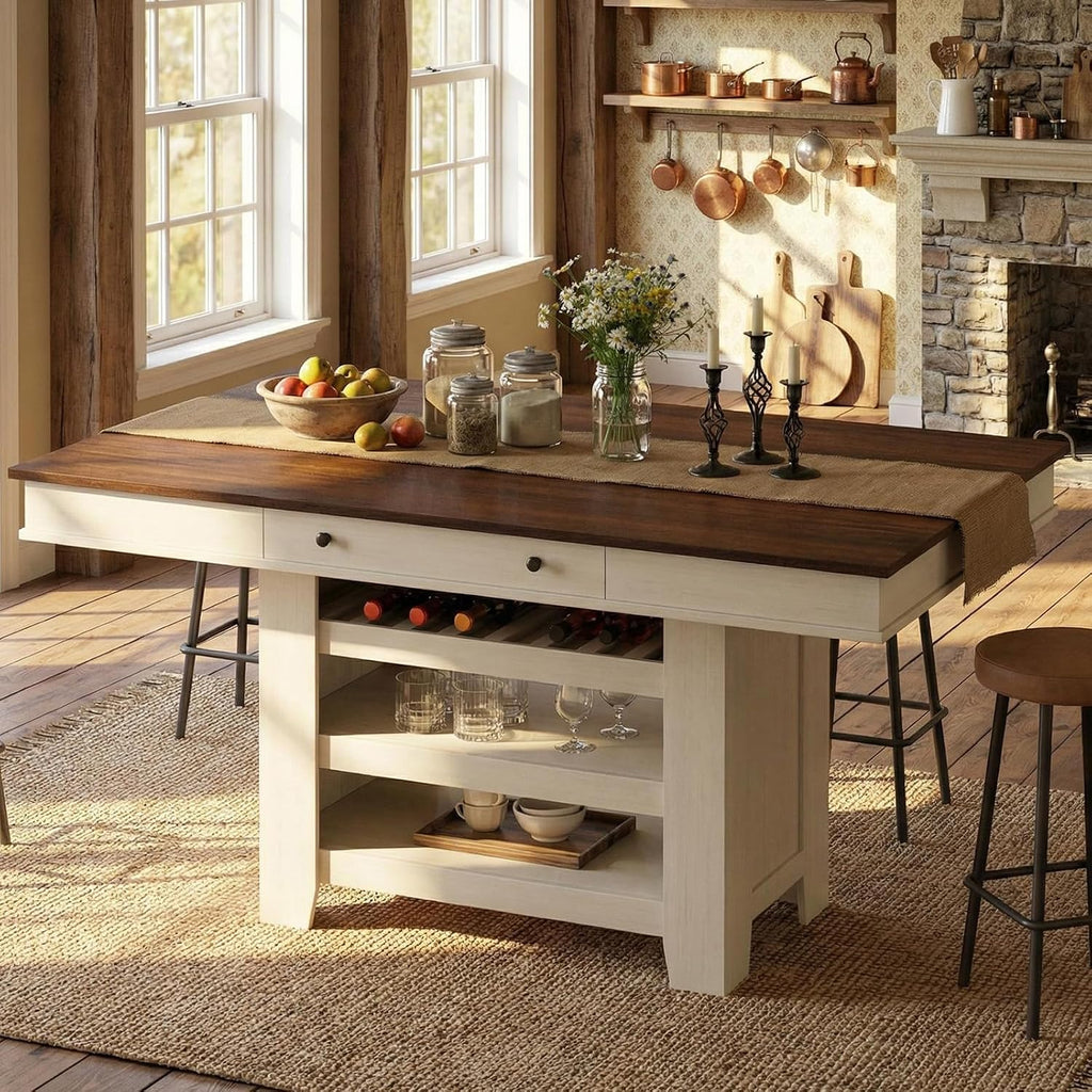 Garvee Counter Height Dining Table with 2 Drawers, 36" Farmhouse Wooden Large Bar Kitchen Table with Wine Rack & 3 Shelves, Rectangular, Thick Frame for Kitchen, Bar & Entertaining, Retro White Brow