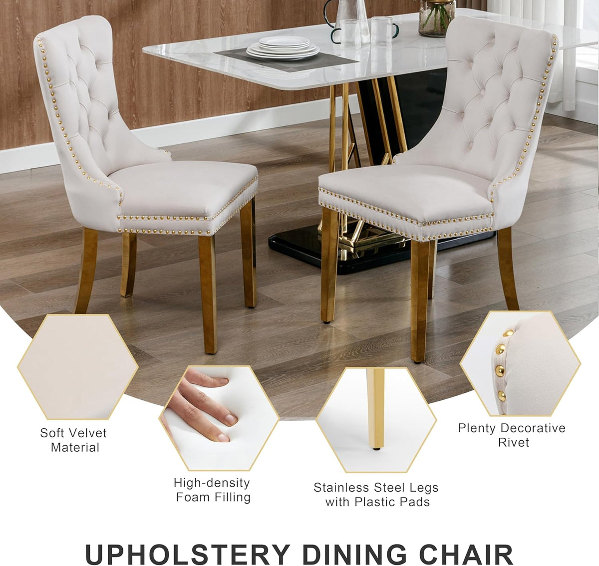 RGZ Modern 39" Clear Glass Round Dining Table Set, 5 PCS Luxury Circle Glass Top Kitchen Table with Gold Decorative Strips & 4 Beige High-end Tufted Chairs for Apartment Home Dining(White Base)