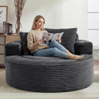 Oversized Round Chair Lounge Chaise Indoor, 55.5" Upholstered Corduroy Deep Seat Single Cloud Sofa Chair with Cup Holder, Modern Large Circle Sleeper Sofa for Living Room, Dark Grey