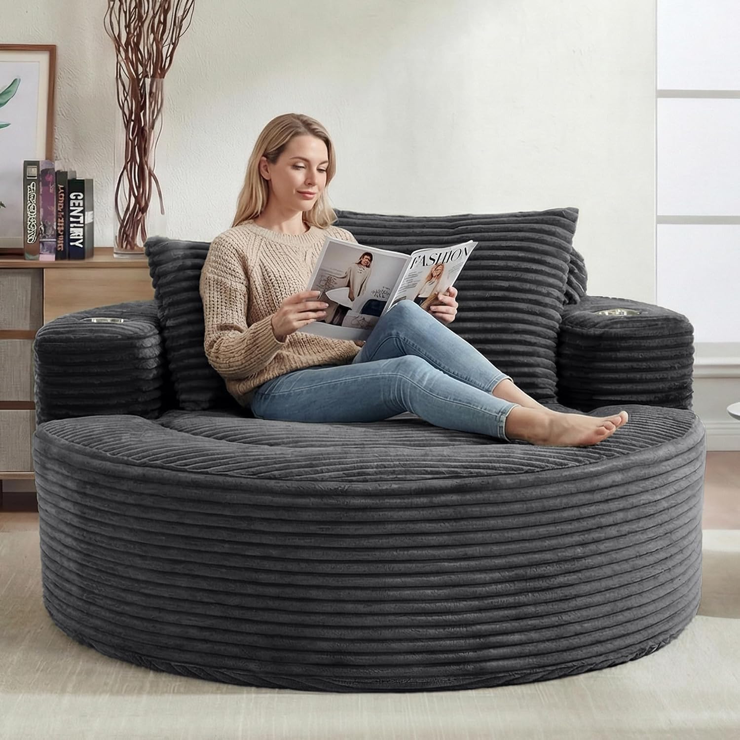Oversized Round Chair Lounge Chaise Indoor, 55.5" Upholstered Corduroy Deep Seat Single Cloud Sofa Chair with Cup Holder, Modern Large Circle Sleeper Sofa for Living Room, Dark Grey