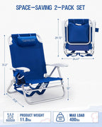 Old Bahama Bay 2 Pack 7-Position Lay-Flat Beach Chair, Lightweight Aluminum Frame Reclining Backpack Chair with Padded Headrest, Cup Holder & Storage Bag, Heavy Duty Support for Tanning & Camping Blue