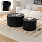 Round Wood Nesting Coffee Table Set, Wood Base Circle Center Table for Living Room, Modern Fluted Drum Side Tables Set of 2 for Apartment Small Space, Easy Assembly