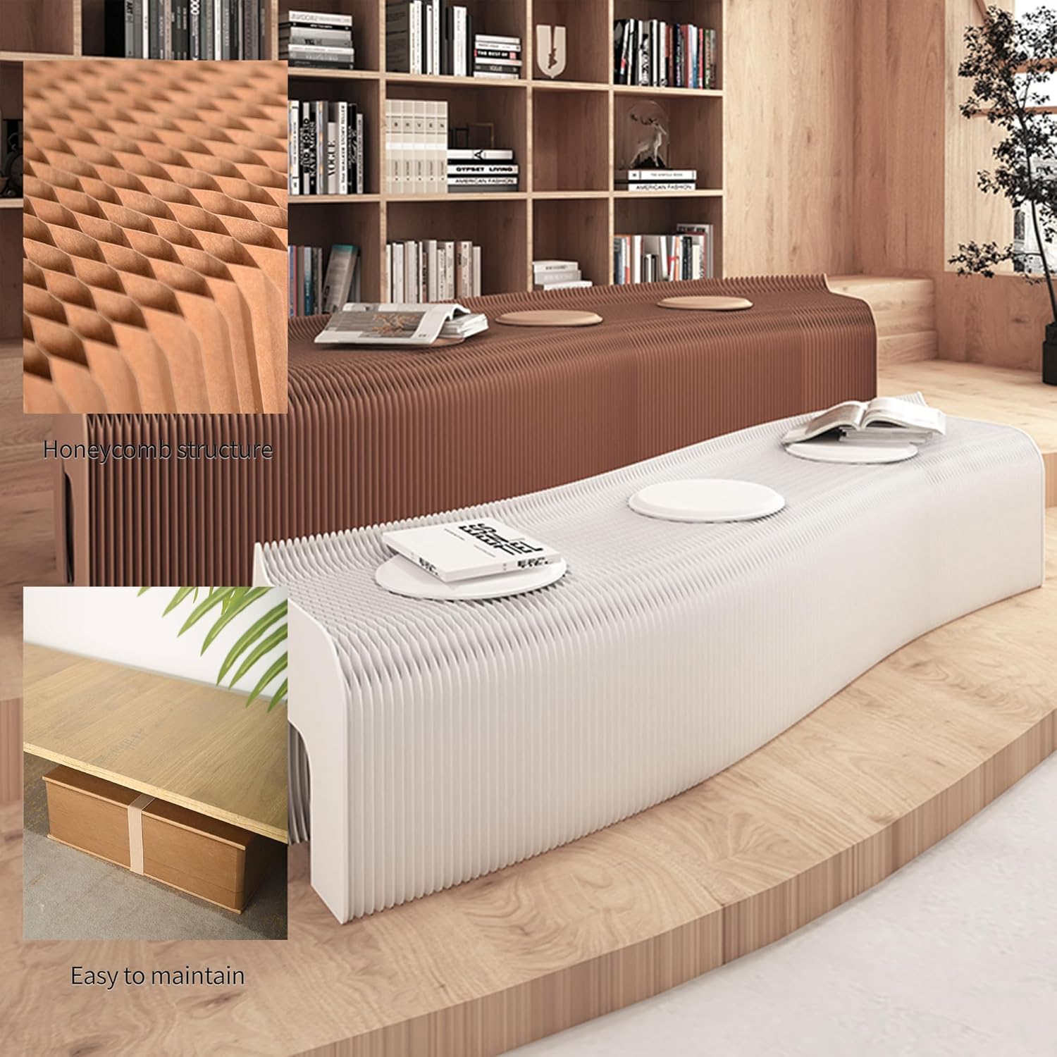Modern Accordion Folding Paper Stool with 3 Cushions, Portable & Durable Honeycomb Kraft Paper Bench Chair for Living Room, Dining, Office, Kitchen, Eco-Friendly Decorative Foot Stool (Brown, 39~59in)