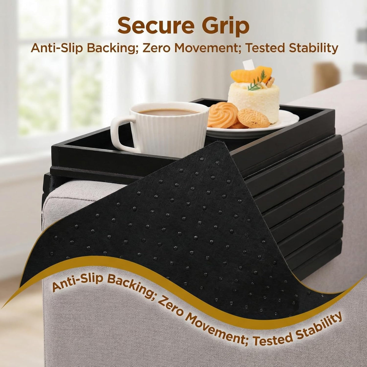 Couch Armrest Table, Bamboo Couch Cup Holder, Couch Cup Holder Tray, Sofa Arm Tray, Armchair Caddy 12.4" x 5.5" with Nonslip Felt Bottom, Sturdy Bamboo Slats for Armrests 6" and Wider (Brown)