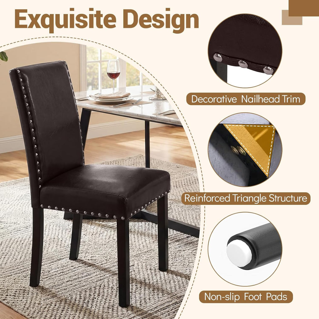 GOFLAME Upholstered Dining Chairs Set of 2, Faux Leather Parsons Chairs with Rubber Wood Legs, Padded Seat and Nailhead Trim, Modern Kitchen Chairs for Living Room, Dining Room, Restaurant, Brown