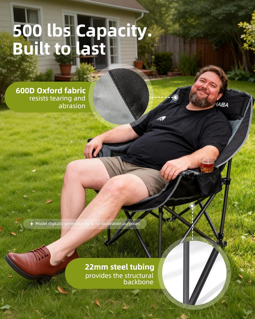 Abahub Camping Chairs Oversized Padded Heavy Duty Quad Foldable Portable Folding Chairs XL Lawn Chairs Wide Giant Big for Adults Support 500 lbs for Outdoors Black Grey
