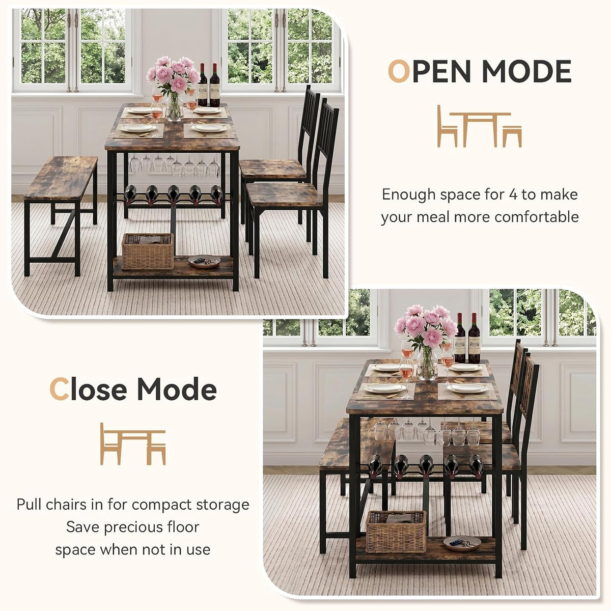 55-Inch Dining Table Set for 4 with Bench, Wine Rack, Rustic Brown | 4-Piece Kitchen Table Set with 2 Chairs, Bench, Stemware Holder and Storage Shelves for Small Spaces and Apartments