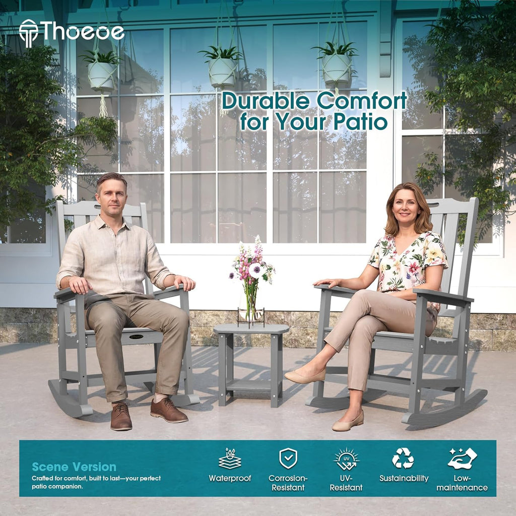 THOEOE Outdoor Rocking Chairs Set of 2, Oversized Patio Rocking Chair | HDPE Outdoor Rockers for Front Porch, Patio, Backyard, Balcony and Garden. All-Weather High Back Design, Gray