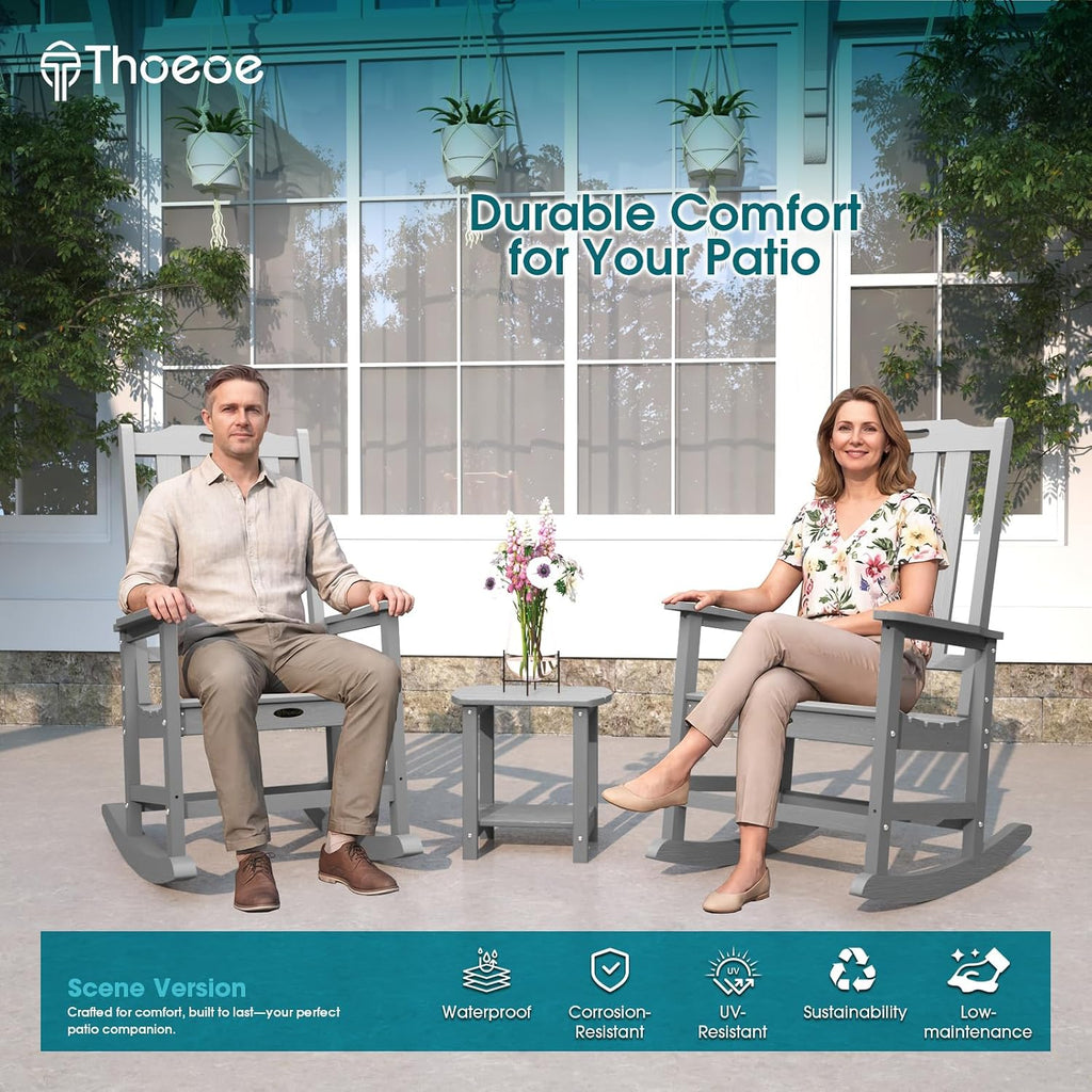 THOEOE Outdoor Rocking Chairs, Oversized Patio Rocking Chair | HDPE Outdoor Rockers for Front Porch, Patio, Backyard, Balcony and Garden. All-Weather High Back Design, Gray