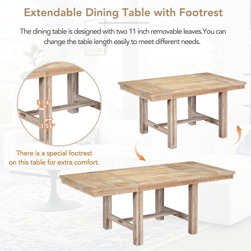 Merax 6-Piece Farmhouse Dining Table with Upholstered Chairs and Bench, Extendable Dining Table with Footrest and Two 11" Removable Leaf, Natural+Beige