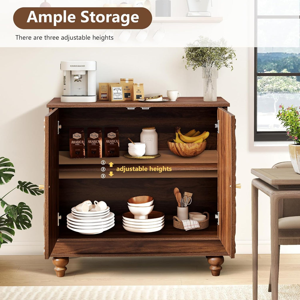 weselon Accent Cabinet with 2 Doors, Farmhouse Carved Buffet Sideboard with Adjustable Shelves, Storage Cabinet Entryway Table for Living Room (Walnut)