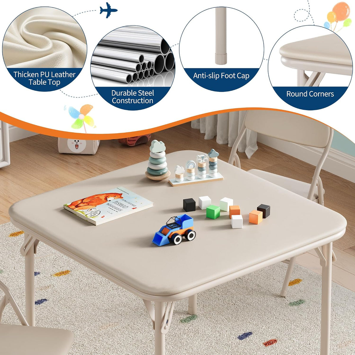 Kids Folding Table and Chairs Set – Upholstered PU Leather, Lightweight Metal Frame, Soft Cushions, Perfect for Dining, Crafts, Playroom – 3 Piece, Beige, 1 Table + 2 Chairs