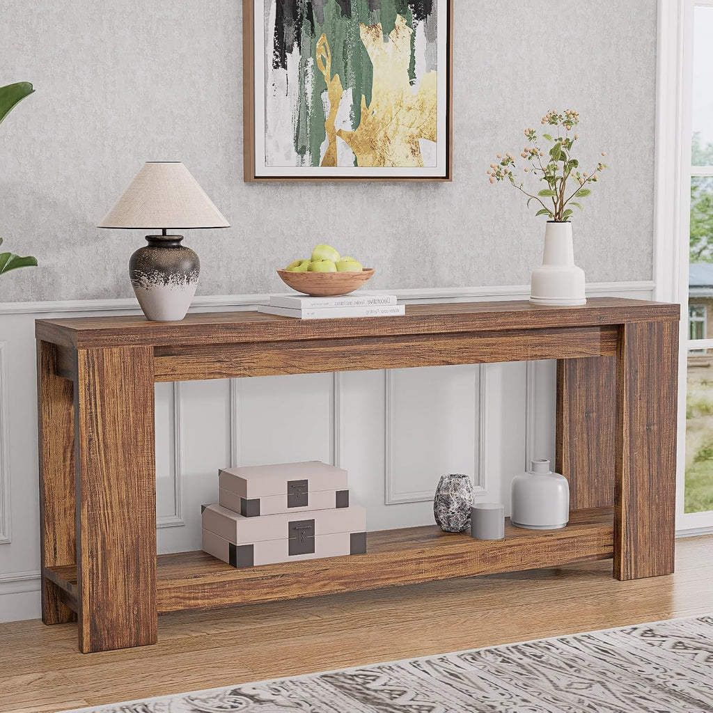 70.9" Rustic Farmhouse Console Sofa Table - Heavy Duty MDF Entryway Table with 2-Tier Storage, Narrow Long Table for Behind Couch, Brown