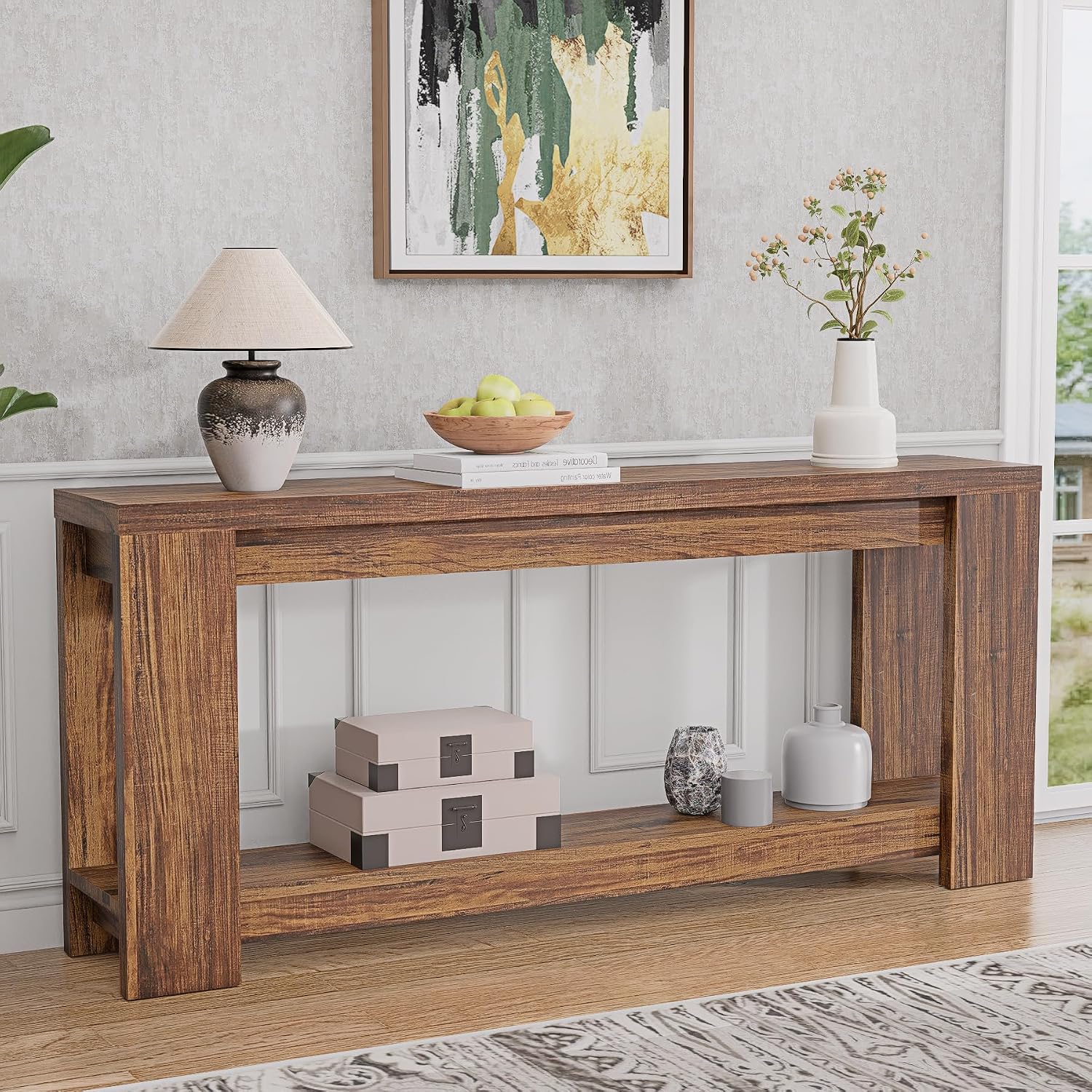 70.9" Rustic Farmhouse Console Sofa Table - Heavy Duty MDF Entryway Table with 2-Tier Storage, Narrow Long Table for Behind Couch, Brown