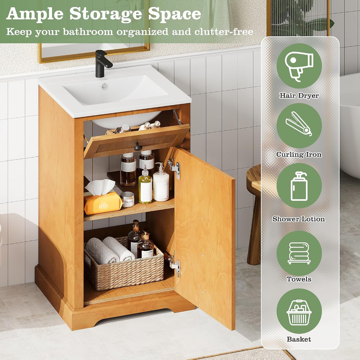 JIVOIT 20" Bathroom Vanity with Integrated Ceramic Sink, Wood Bathroom Cabinet with Adjustable Shelf, Soft-Closing Door, Solid Wood Bottom Frame for Small Space