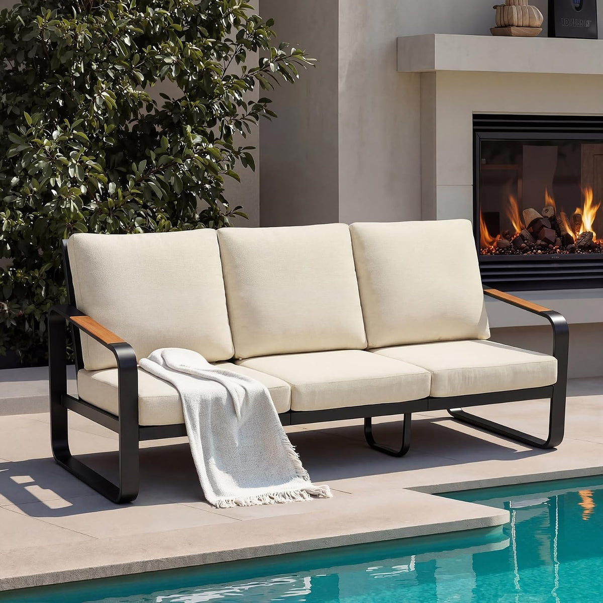 Tribesigns Outdoor Patio 3 Seater Sofa Tall Back & Oversized Seat, Modern Metal Frame Patio Couch with 6'' Thick Cushions & WPC Armrests, All-Weather Conversation Sofa for Backyard, Poolside, Beige