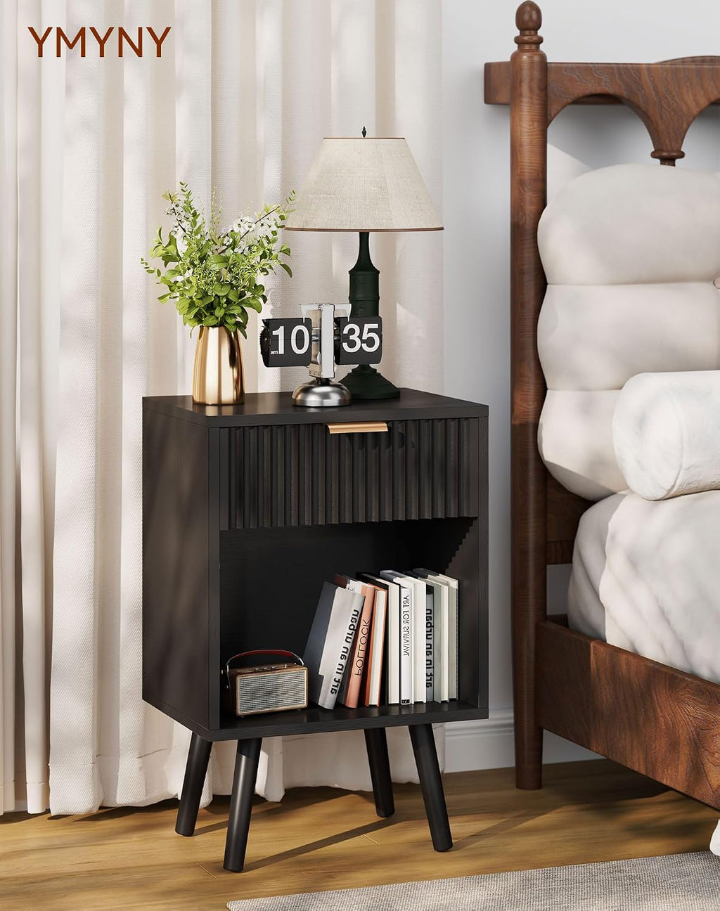YMYNY Mid Century Modern Nightstand Set of 2, Side Table with Fluted Drawer, Open Shelf Unit, Golden Handle, Solid Wood Legs, Bedside Table, for Bedroom, Black UHST013B-2