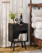 YMYNY Mid Century Modern Nightstand Set of 2, Side Table with Fluted Drawer, Open Shelf Unit, Golden Handle, Solid Wood Legs, Bedside Table, for Bedroom, Black UHST013B-2