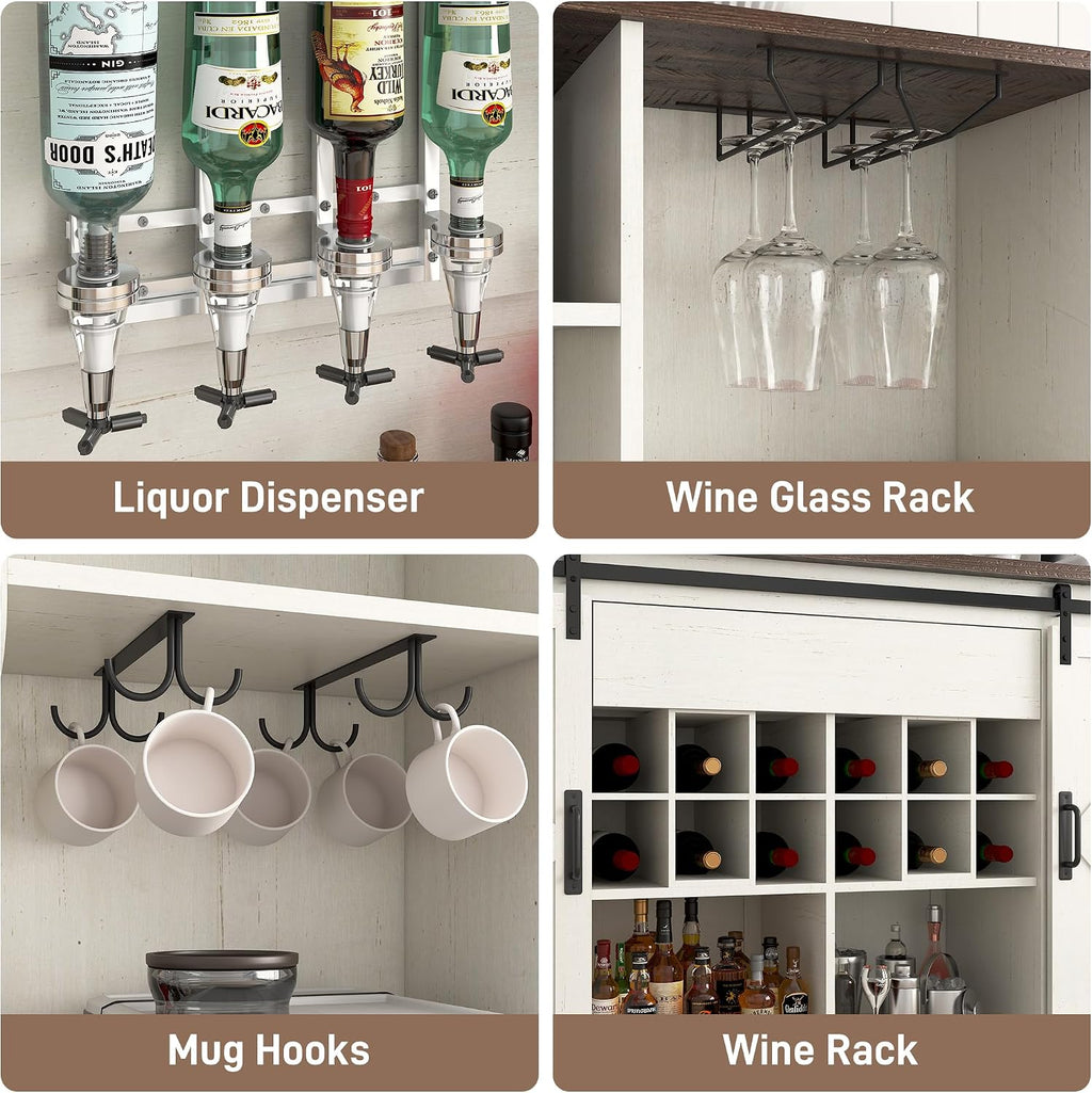 Farmhouse Coffee Bar Cabinet with LED Light, Charging Station & Sliding Barn Doors - 63"W x 71"H Large Wine Rack, Built-in Liquor Dispenser, Glass/Mug Holders for Kitchen, Living Room, Hallway