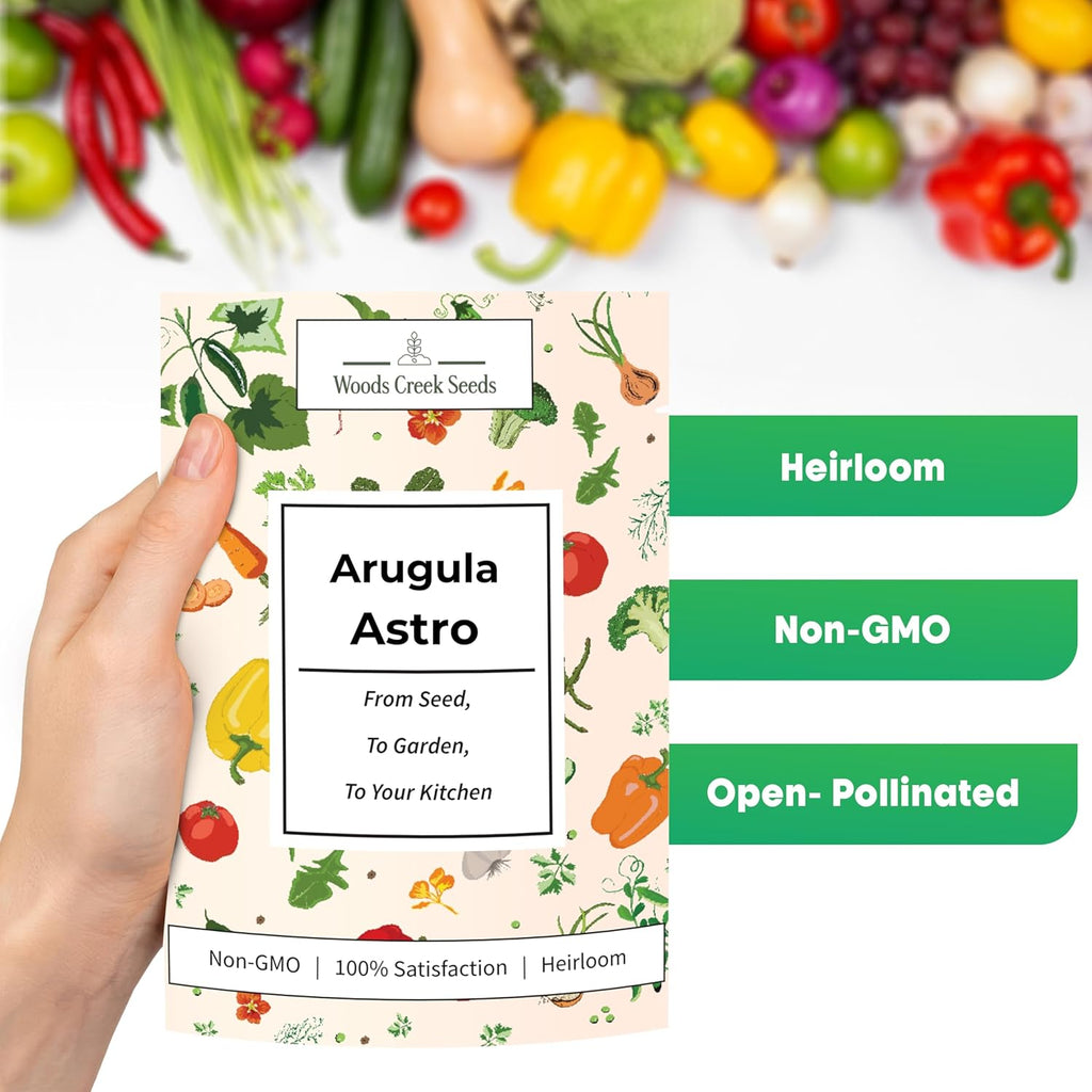 Woods Creek Seeds: Arugula Astro Seeds for Planting - Over 1,300 Heirloom, Non-GMO Arugula Seeds for Planting - Fast-Growing Astro Seed Pack for Gardening Indoors or Outdoors - Ideal for Green Salad