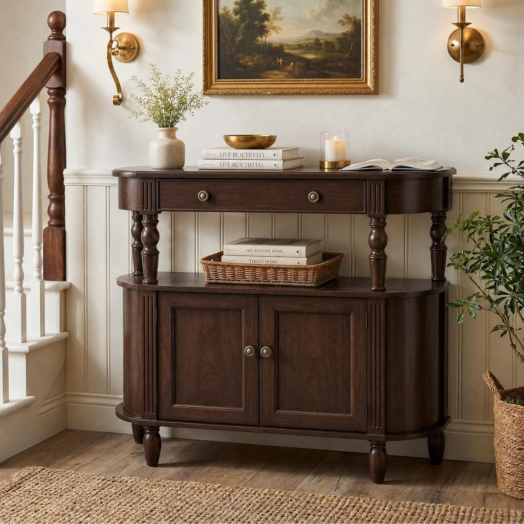 Curved Console Table with Solid Wood Legs, 47" Half Moon Sofa Table with Storage, Drawer & 2-Doors, Real Wood Veneer, Adjustable Shelf, Anti-Tip, Entryway Table for Living Room/Hallway,Walnut