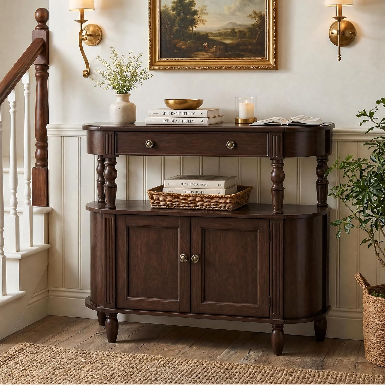 Curved Console Table with Solid Wood Legs, 47" Half Moon Sofa Table with Storage, Drawer & 2-Doors, Real Wood Veneer, Adjustable Shelf, Anti-Tip, Entryway Table for Living Room/Hallway,Walnut