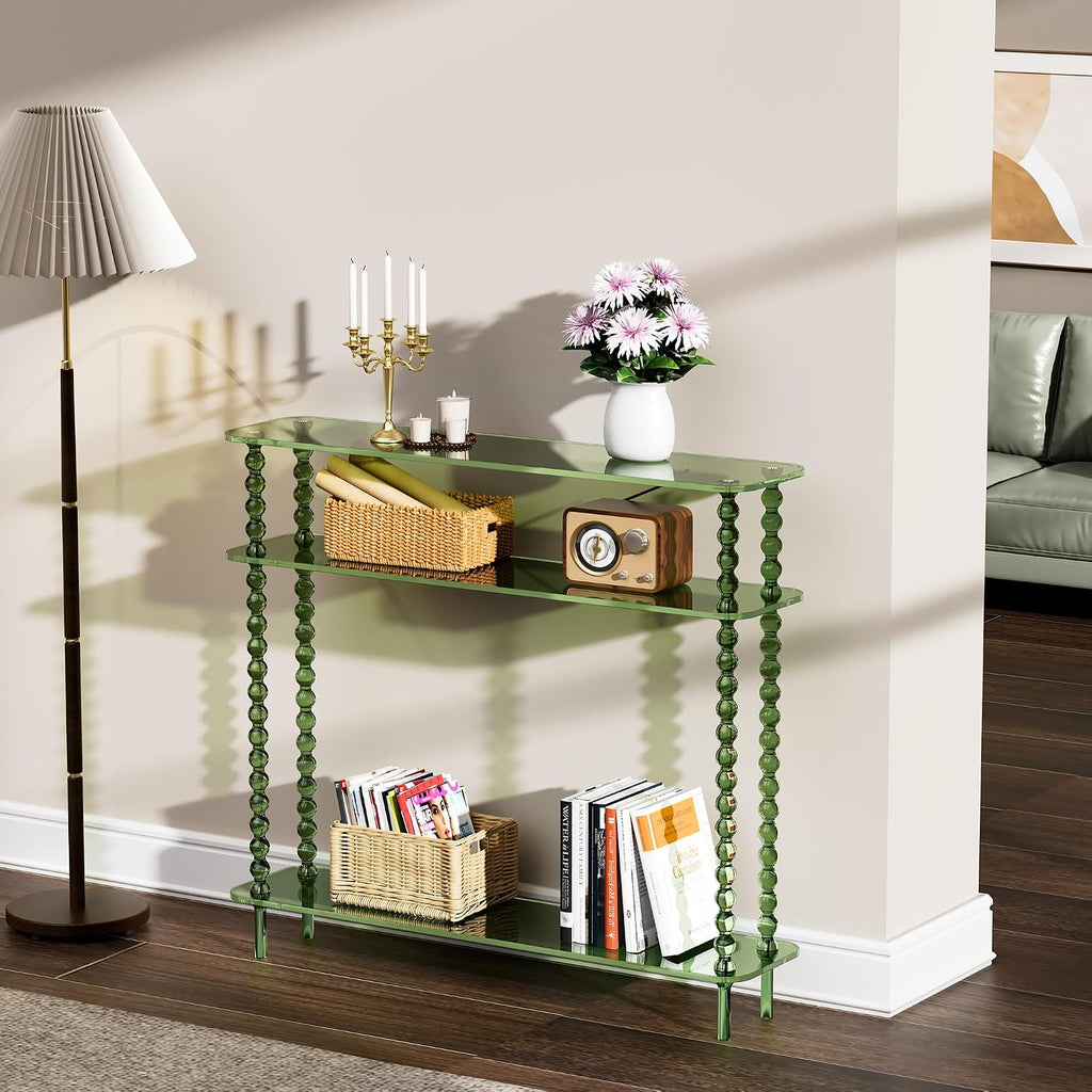 Acrylic Console Table Narrow, 3 Tier Long Entryway Table with Storage, Mid-Century Modern Sofa Table Entry Table for Living Room, Hallway (Green, 39.4“×9.4”×35.4“)