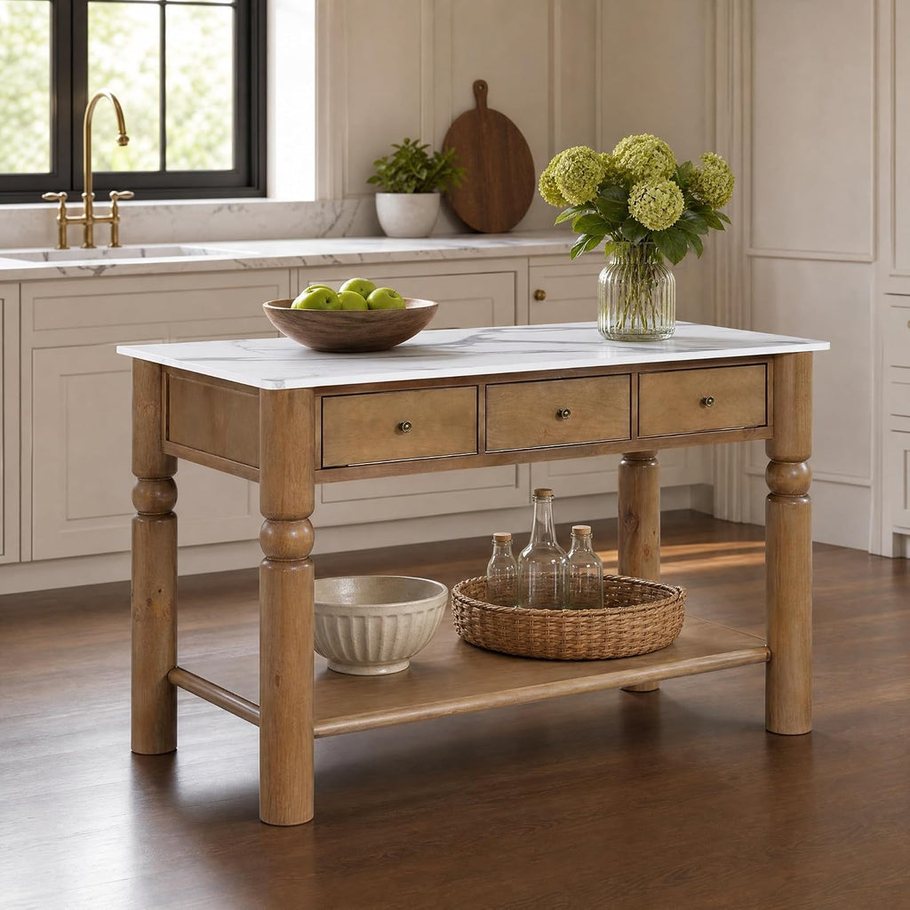 Christopher Knight Home Athen Wooden Kitchen Island with Storage & Marble-Look Tabletop, Island Table for Kitchen, Turned Ball Legs, Storage Cabinet with Drawers + Open Shelf, Walnut + White