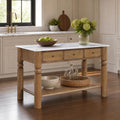 Christopher Knight Home Athen Wooden Kitchen Island with Storage & Marble-Look Tabletop, Island Table for Kitchen, Turned Ball Legs, Storage Cabinet with Drawers + Open Shelf, Walnut + White
