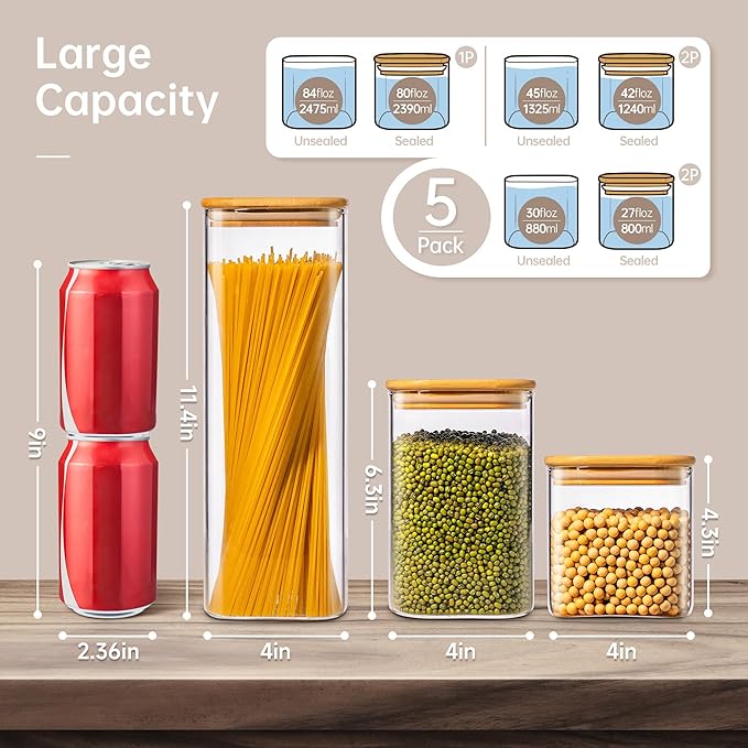 Multi Size - 5 Pack Square Glass Jars with Bamboo Lids, Glass Food Storage Containers with Airtight Lids for Kitchen, Air Tight Pantry Storage Containers for Cereal, Pasta, Rice, Sugar, Coffee, Spice