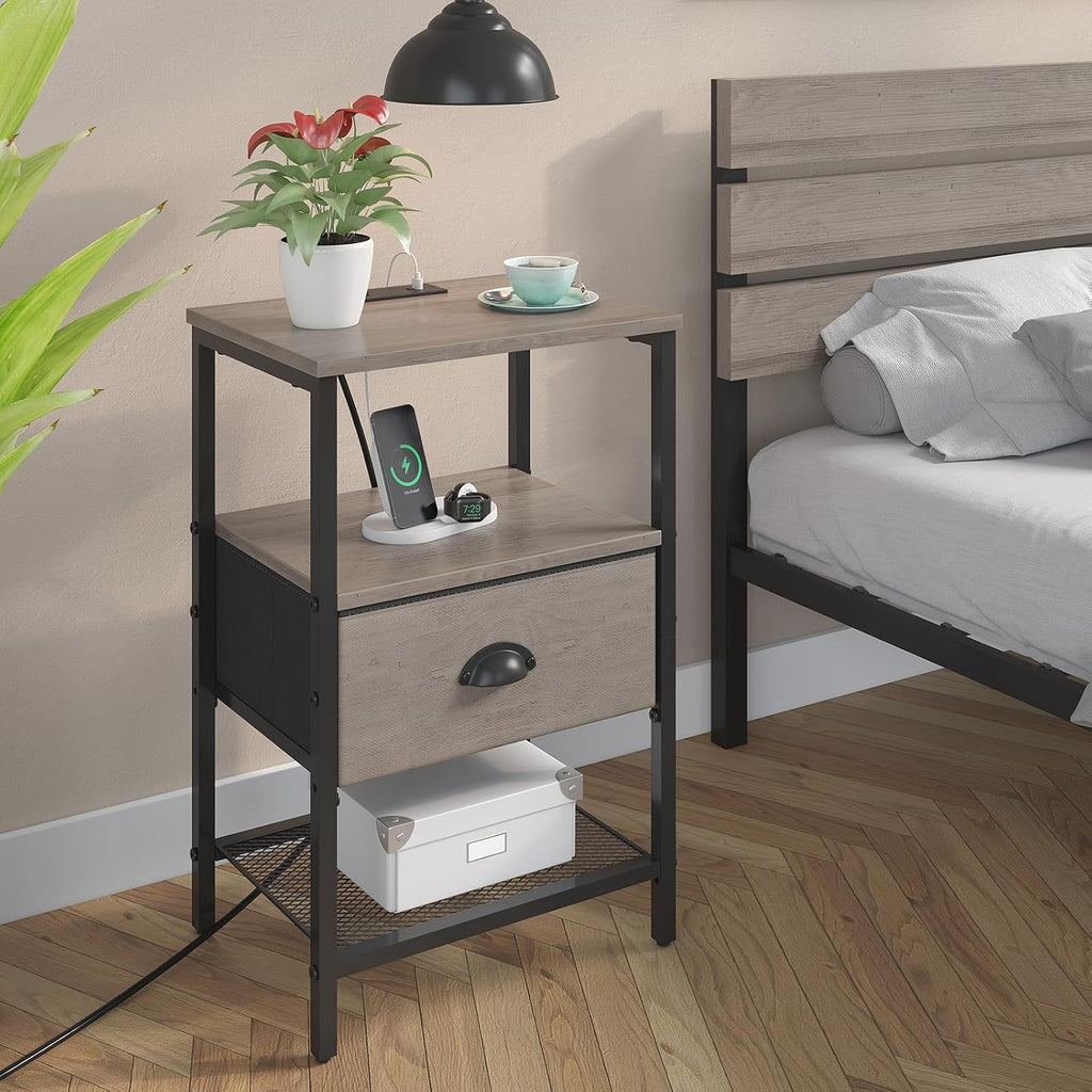 sthmec Nightstands Set of 2, Night Stands with Charging Station and Fabric Drawer, Grey Bedside Tables with Drawers, 2- Tier Side Table with Storage, Nightstands with Charging Station,Grey