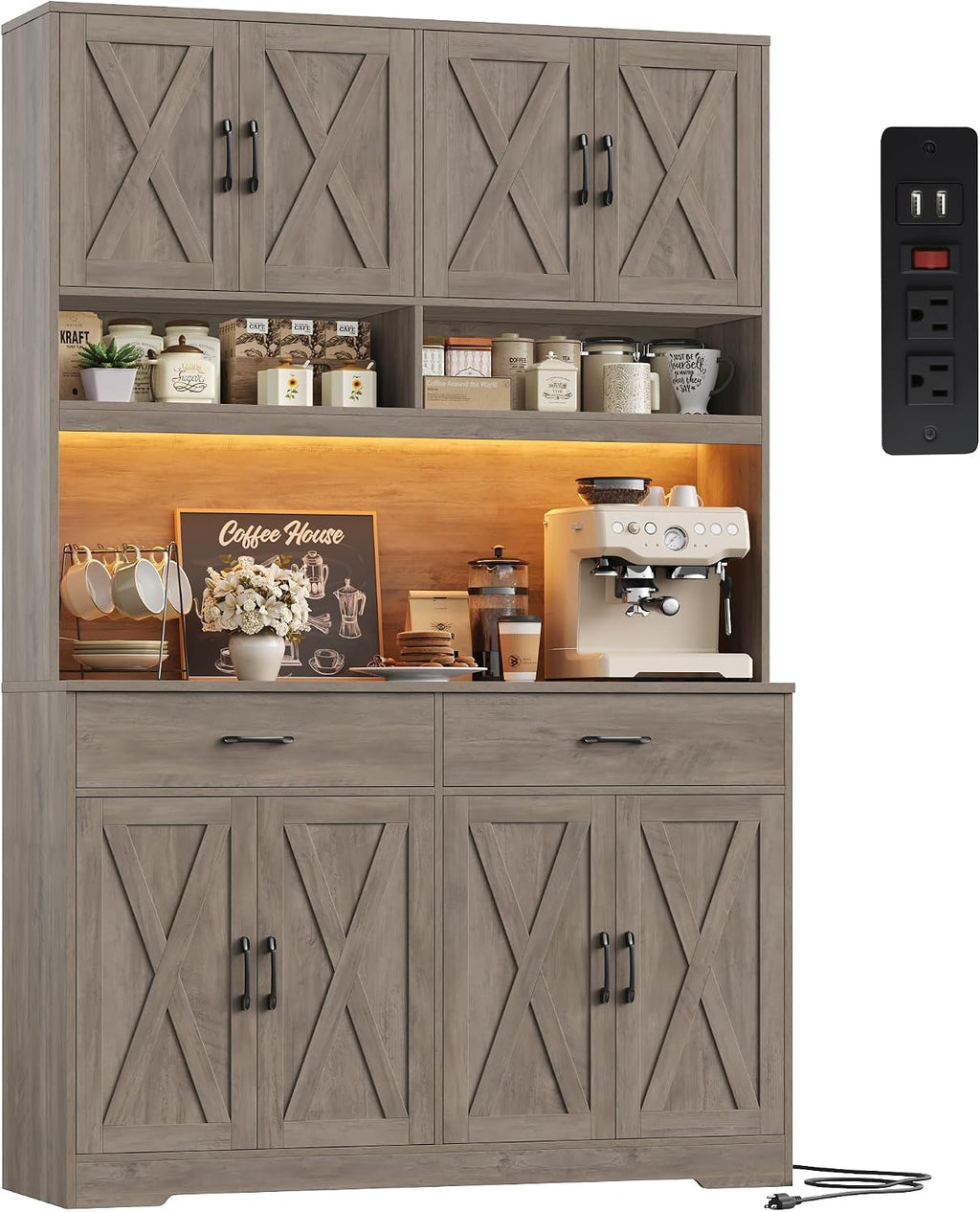 HOSTACK Modern Farmhouse Pantry Cabinet, 75" Tall Kitchen Pantry Storage Cabinet with Charging Station, RGB LED Light, Multi-Purpose Kitchen Storage Hutch Cabinets with Adjustable Shelves, Ash Grey
