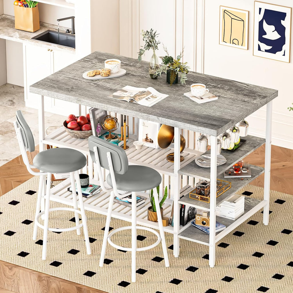 DKLGG 3 Piece Dining Table Set for 2,Kitchen Island with Seating & Storage,Industrial Bar Table and Chairs Set,Space-Saving Pub Table Set for Small Space (Grey)