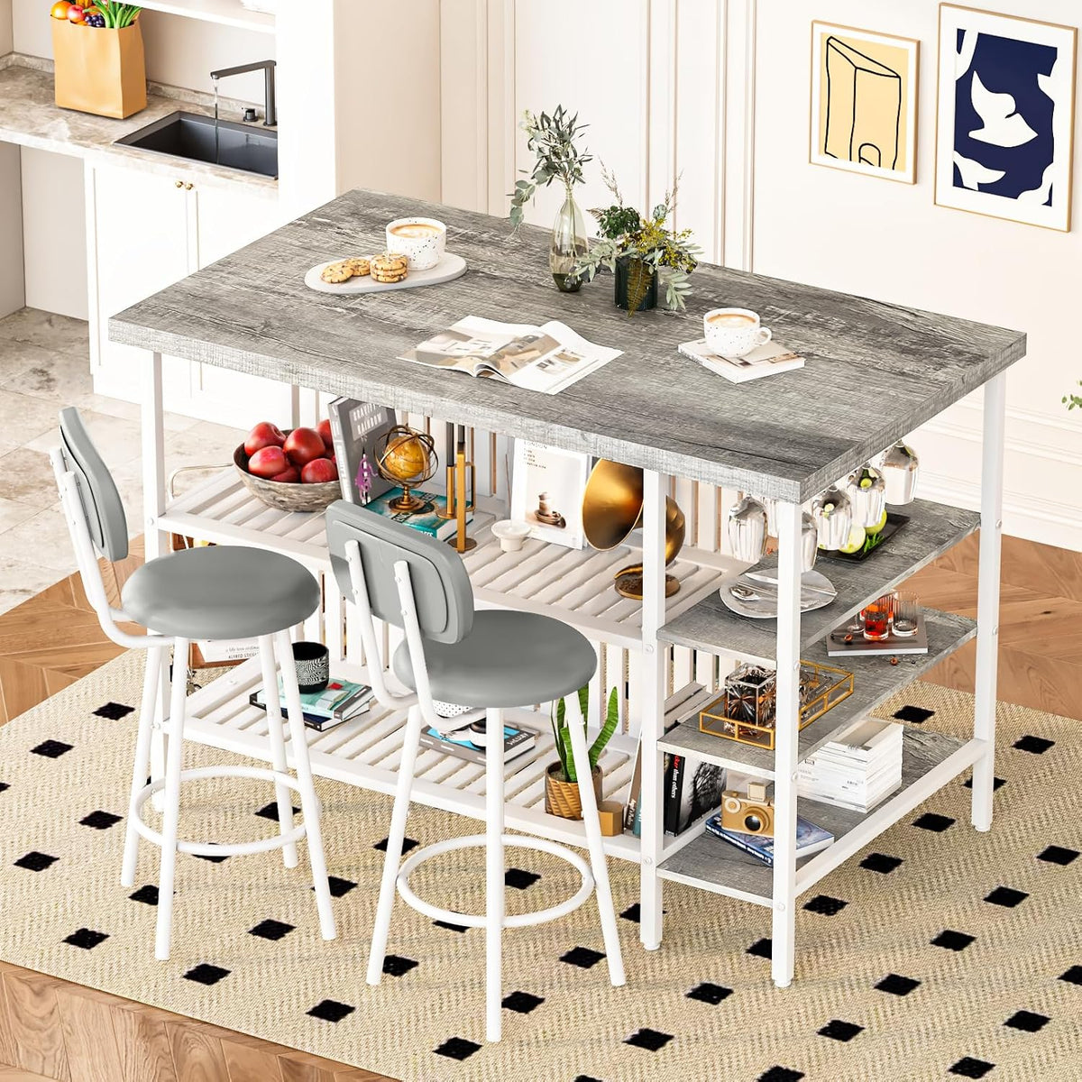 DKLGG 3 Piece Dining Table Set for 2,Kitchen Island with Seating & Storage,Industrial Bar Table and Chairs Set,Space-Saving Pub Table Set for Small Space (Grey)