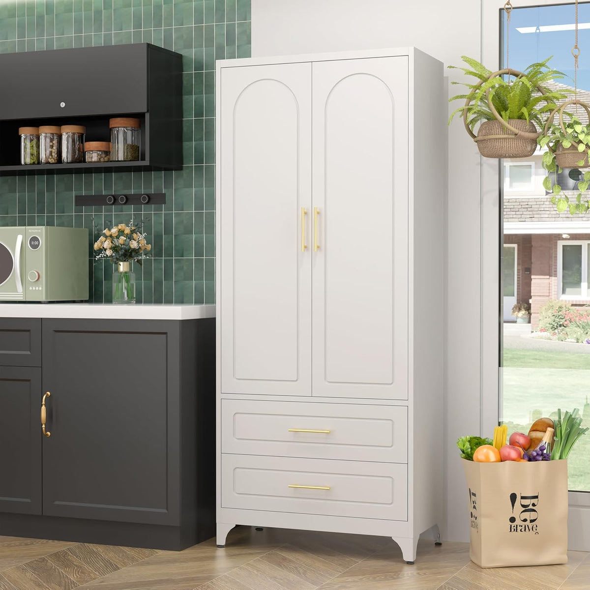 SteeLoong 75" Kitchen Pantry Cabinet,Metal Storage Cabinets with 2 Drawers,Pantry Cabinet with Doors and Shelves,White Tall Storage Cupboard for Living Room, Dining Room Office