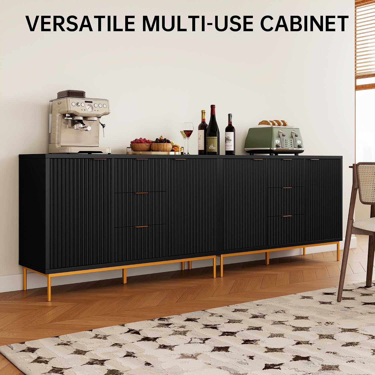 Fluted Sideboard Buffet Cabinet, Modern 47" Buffet Table with Storage, 2 Doors 3 Drawers and Adjustable Shelf, Coffee Bar Cabinet Credenza for Kitchen, Dining Room, Living Room, Black