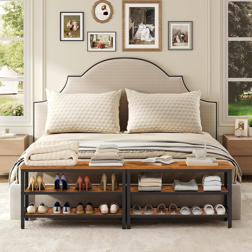 YATINEY Wooden Shoe Bench, 3-Tier Industrial Shoe Storage Bench, Sturdy Shoe Rack Bench with Storage for Entryway, Living Room, Halley, Space Saving, Rustic Brown and Black HX06BR