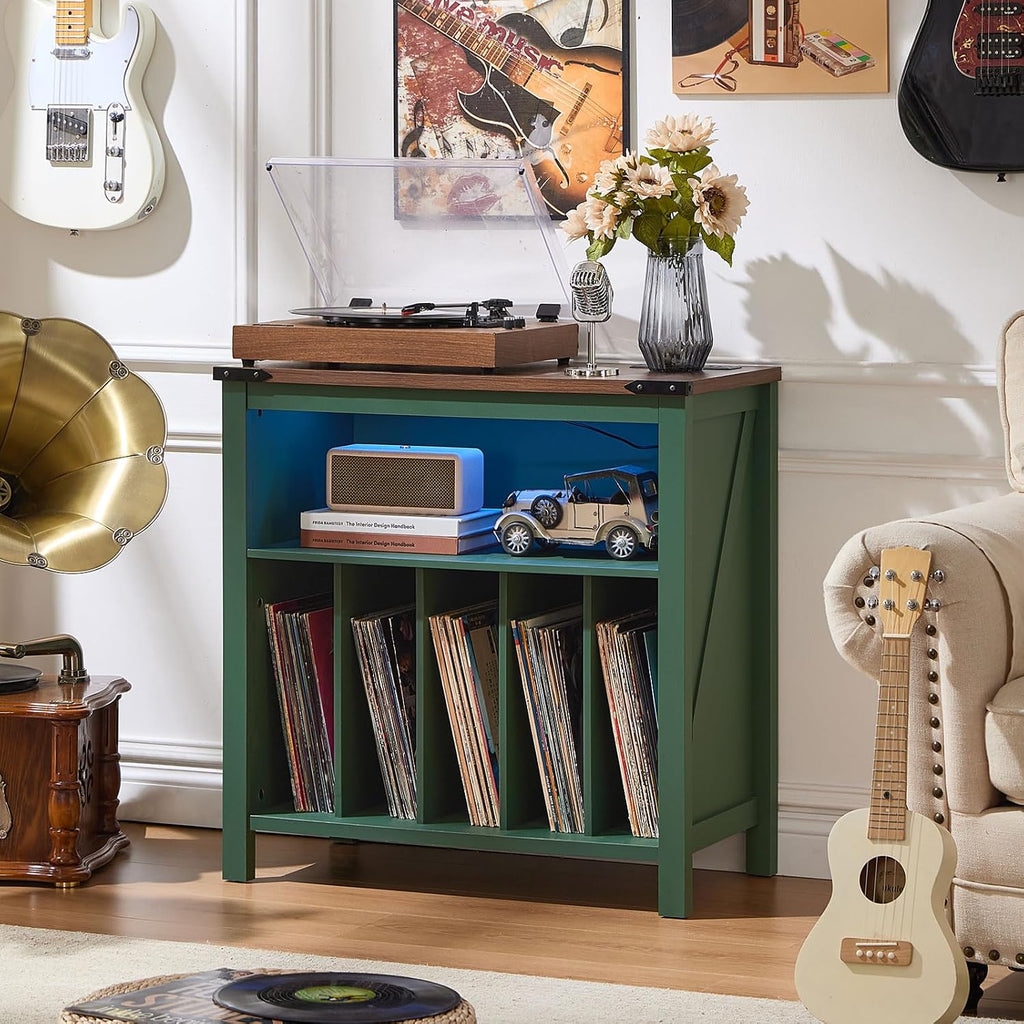 Joaxswe Large Record Player Table with Charging Station & LED Lights, Green Vinyl Record Storage Cabinet Holds up to 230 Albums, Turntable Stand with Display Shelf for Music Room Bedroom Living Room