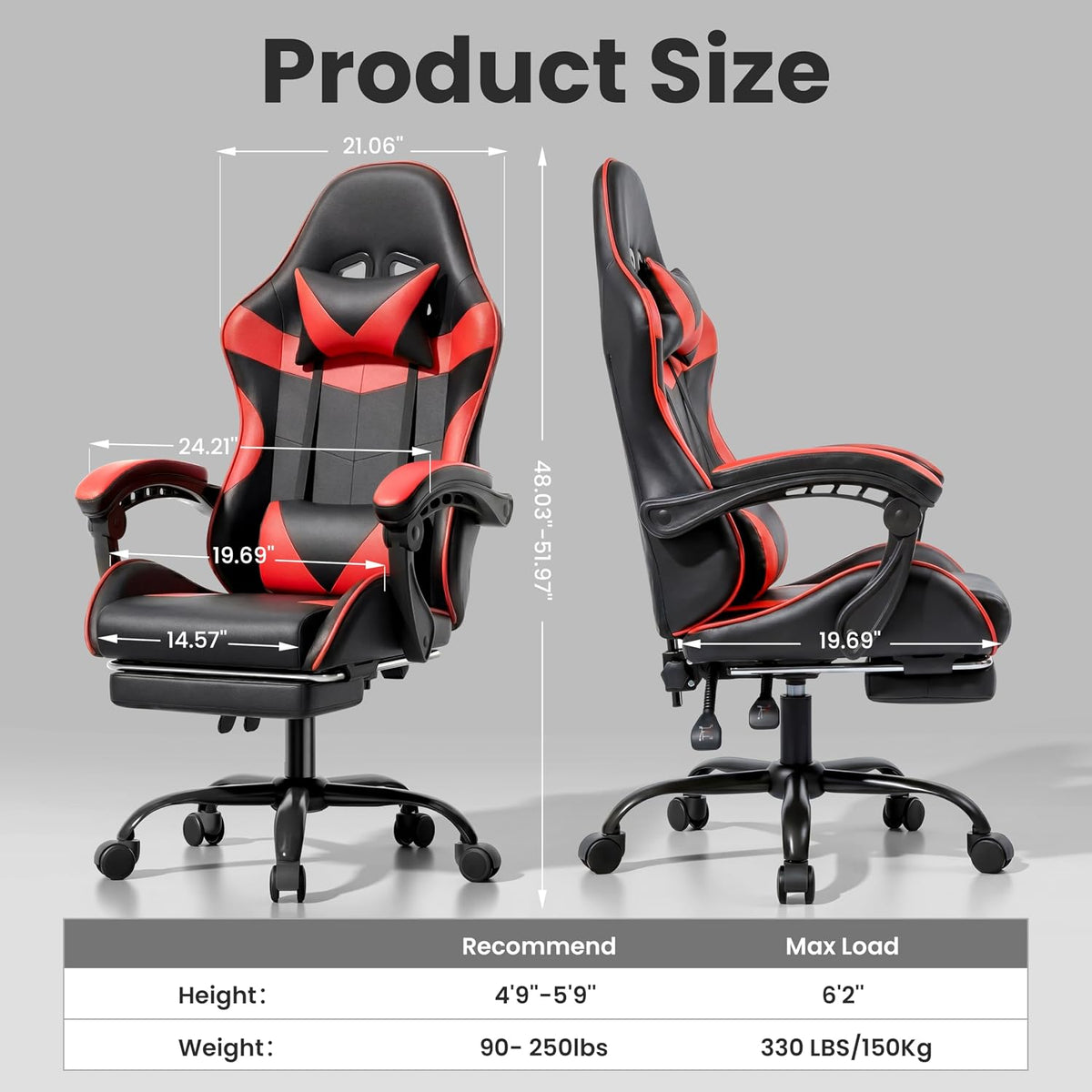 Gaming Chair, Ergonomic Footrest, Lumbar & Headrest(Red Black) | Steel frame, PVC leather & memory foam; 330 lb; 21" seat; 360° swivel, 90–155° recline; easy assembly; gaming & work