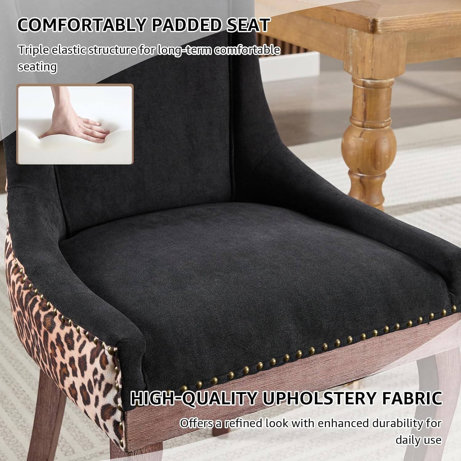 Leopard Upholstered Dining Chairs Set of 6, Animal Print Fabric Kitchen & Dining Room Chairs with Nailhead Trim, Black Leopard Pattern High Back Kitchen Chairs, Solid Wood Legs, Sillas de Comedor