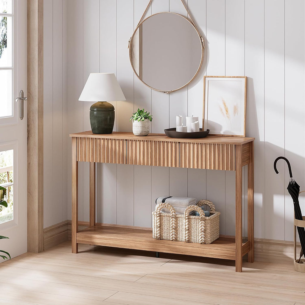 Treocho 47" Fluted Console Table with 3 Drawers and Storage Shelf | Narrow Long Entryway Table,Behind Couch Accent Tables, Entrance Foyer, Hallway, Living Room, Brown