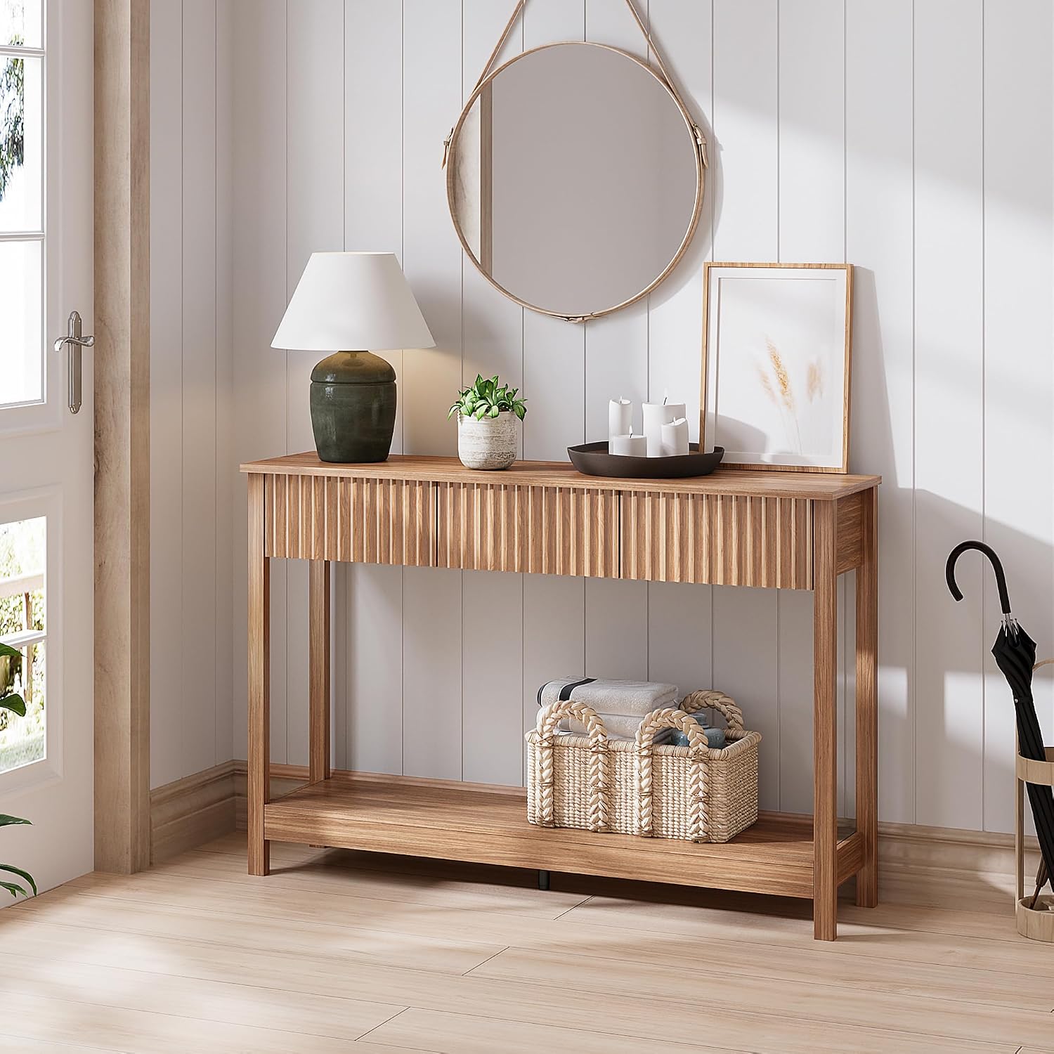 Treocho 47" Fluted Console Table with 3 Drawers and Storage Shelf | Narrow Long Entryway Table,Behind Couch Accent Tables, Entrance Foyer, Hallway, Living Room, Brown