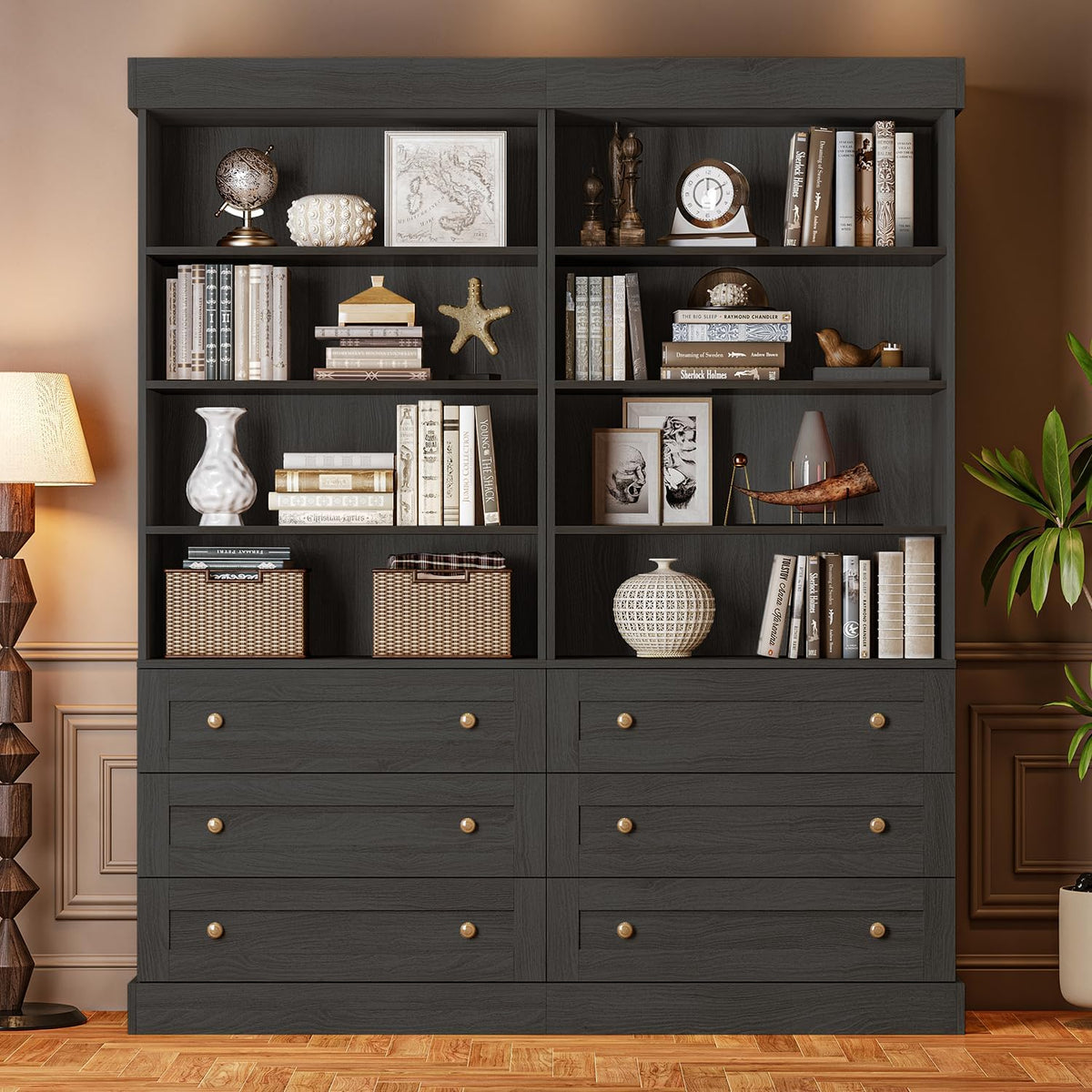 Vyre 71" Tall Farmhouse Kitchen Pantry, Set of 2 Large Storage Cabinets with 3 Drawers, Adjustable Shelves, Wood Versatile Hutch Cabinet for Living Room, Dining Room, Black
