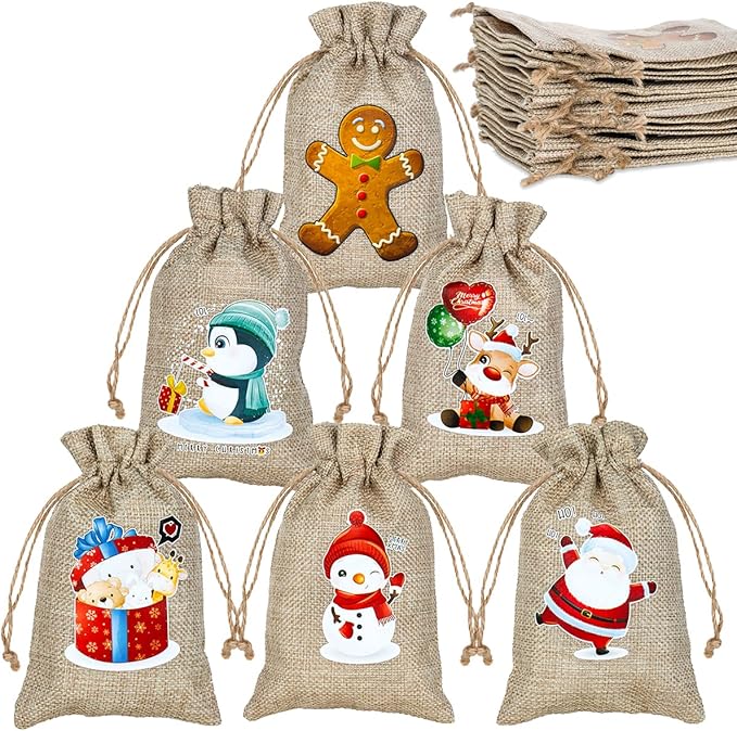 ARTLYMERS 24 Pack Christmas Jute Burlap Bags, Christmas Drawstring Gift Bags for Xmas Presents Holiday Party Favor Treats Candy, 6 Designs