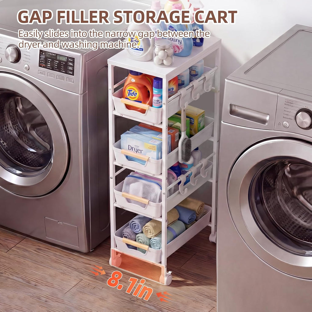 5 Tier Slim Rolling Storage Cart with Pull-Out Drawers,Narrow Utility Organizer Cart with Wooden Top & Wheels for Small Spaces Kitchen Bathroom Laundry Room (White)