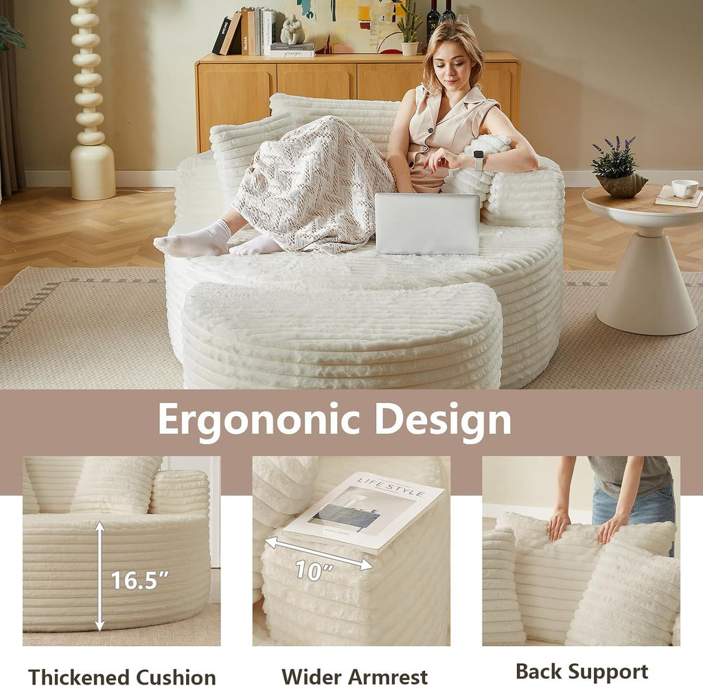 74.6" Oversized Round Chaise Lounge Chair with Ottoman Indoor, Fluffy Upholstered Corduroy Deep Seat Large Floor Circle Couch Sofa Chairs for Living Room, Bedroom, No Assembly Required, White