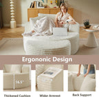 74.6" Oversized Round Chaise Lounge Chair with Ottoman Indoor, Fluffy Upholstered Corduroy Deep Seat Large Floor Circle Couch Sofa Chairs for Living Room, Bedroom, No Assembly Required, White